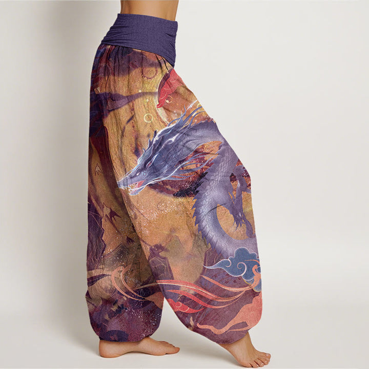 Pantalones harén con cintura elástica para mujer con diseño de nubes auspiciosas, dragón y Buddha Stones