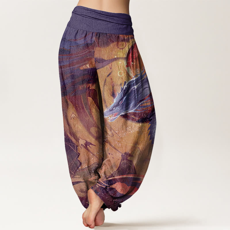 Pantalones harén con cintura elástica para mujer con diseño de nubes auspiciosas, dragón y Buddha Stones