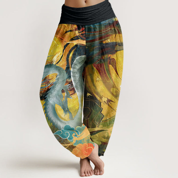Pantalones harén con cintura elástica para mujer con diseño de nubes auspiciosas, dragón y Buddha Stones