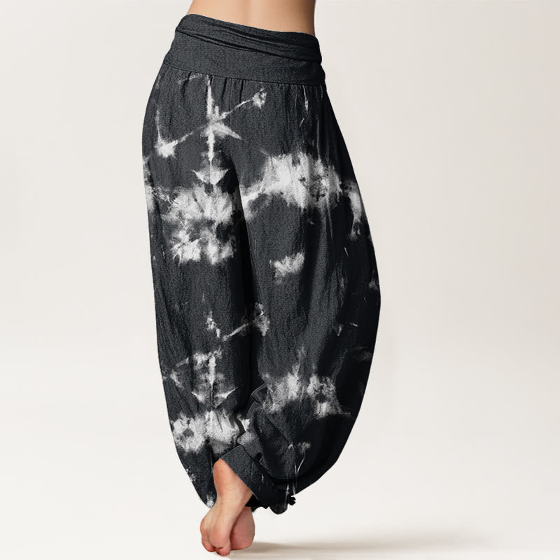 Pantalones harén con cintura elástica para mujer con estampado tie-dye de líneas blancas y lunares de Buddha Stones - image 3