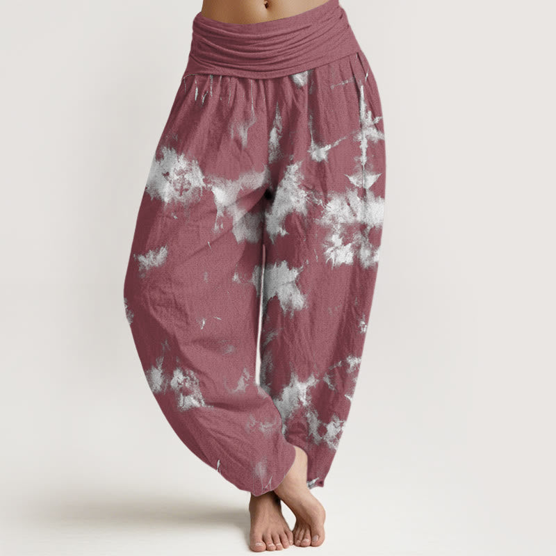 Pantalones harén con cintura elástica para mujer con estampado tie-dye de líneas blancas y lunares de Buddha Stones - IndianRed - US22，UK/AU26，EU54 (6XL) - image 8