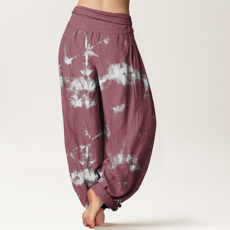 Pantalones harén con cintura elástica para mujer con estampado tie-dye de líneas blancas y lunares de Buddha Stones - image 10