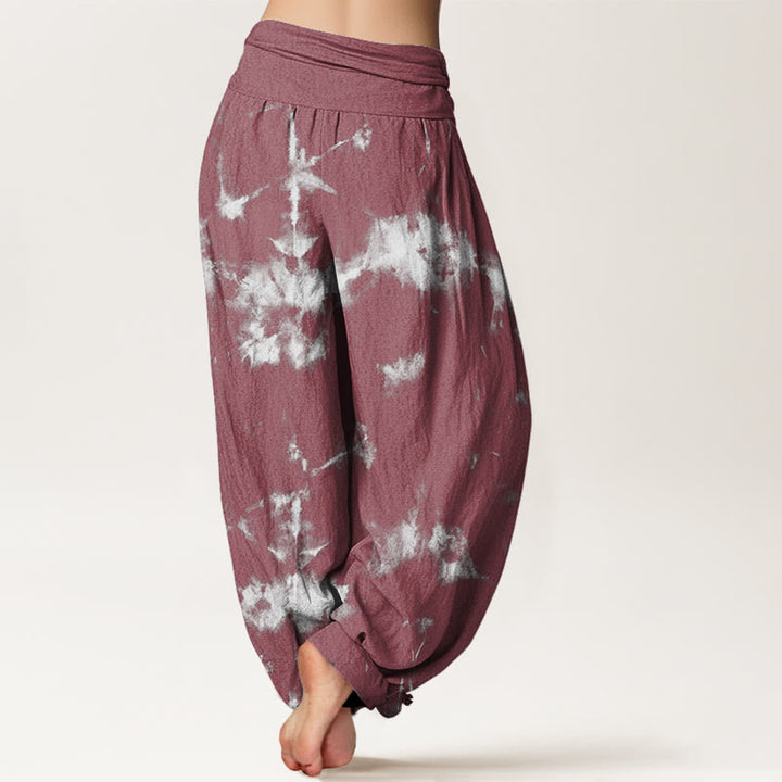 Pantalones harén con cintura elástica para mujer con estampado tie-dye de líneas blancas y lunares de Buddha Stones - image 10