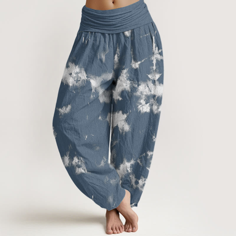 Pantalones harén con cintura elástica para mujer con estampado tie-dye de líneas blancas y lunares de Buddha Stones - Azul acero - US22，UK/AU26，EU54 (6XL) - image 5