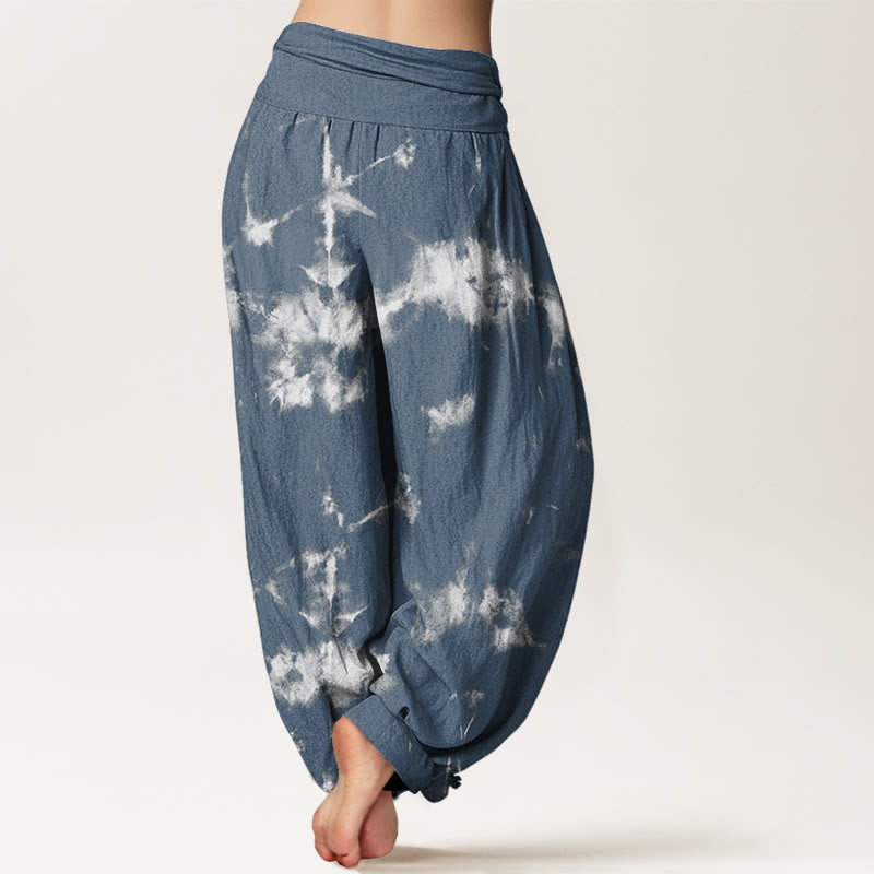 Pantalones harén con cintura elástica para mujer con estampado tie-dye de líneas blancas y lunares de Buddha Stones - image 7