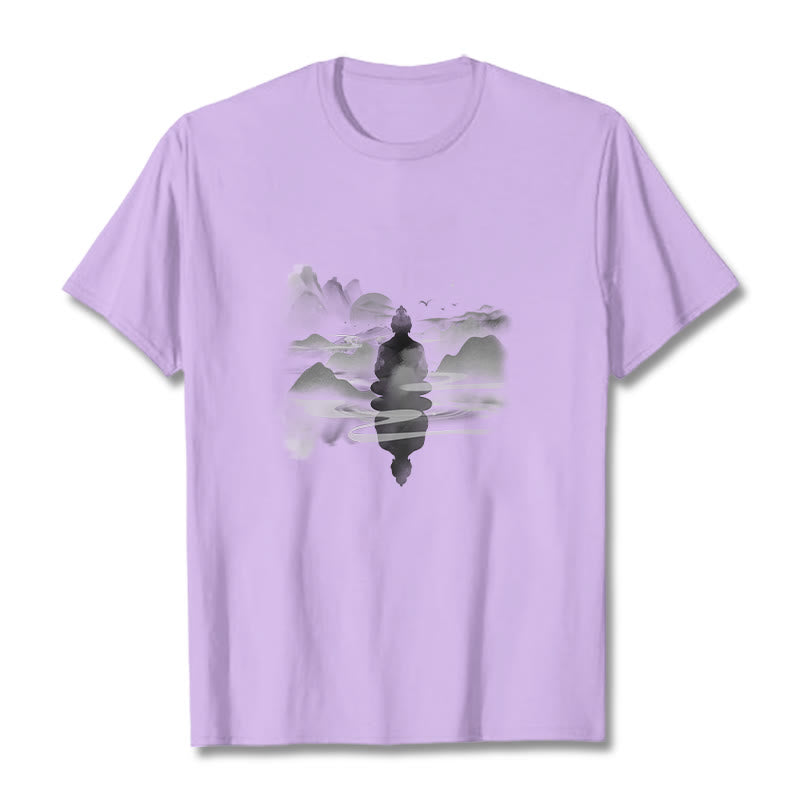 Camiseta de algodón con estampado de Buda sentado en las montañas y Buddha Stones meditando - Ciruela - 2XL - image 14