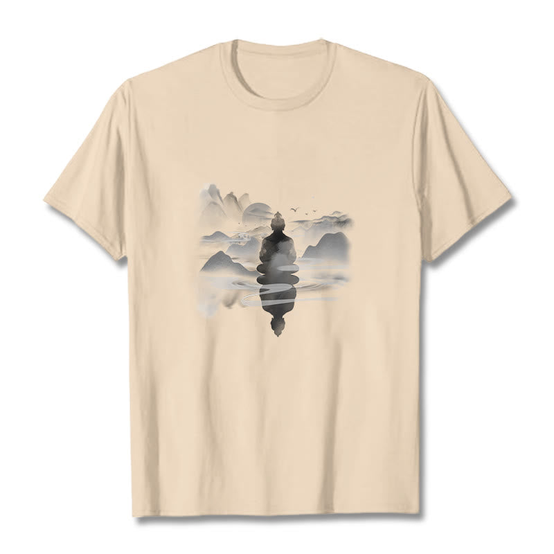 Camiseta de algodón con estampado de Buda sentado en las montañas y Buddha Stones meditando - Sopa de mariscos - 2XL - image 17