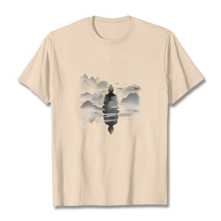 Camiseta de algodón con estampado de Buda sentado en las montañas y Buddha Stones meditando - Sopa de mariscos - 2XL - image 17