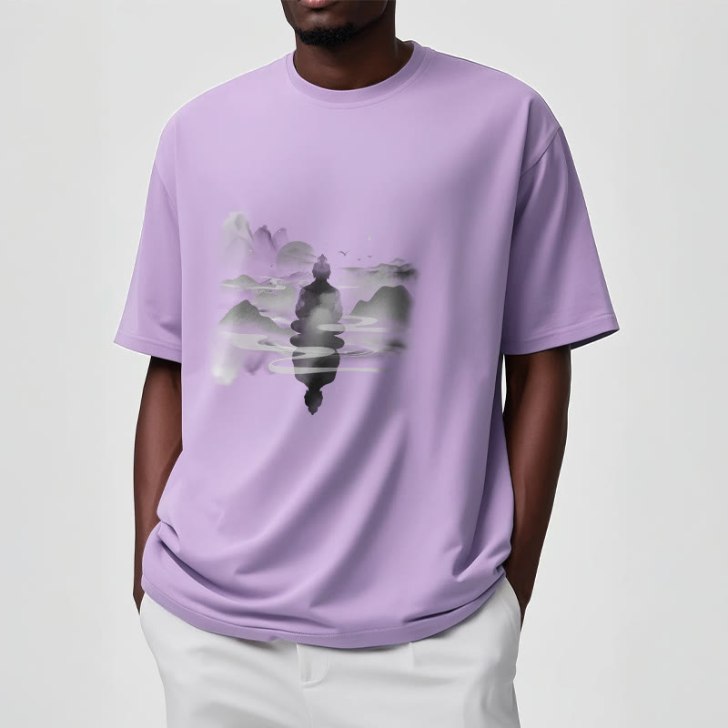 Camiseta de algodón con estampado de Buda sentado en las montañas y Buddha Stones meditando - image 16