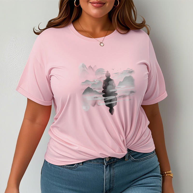 Camiseta de algodón con estampado de Buda sentado en las montañas y Buddha Stones meditando - image 9