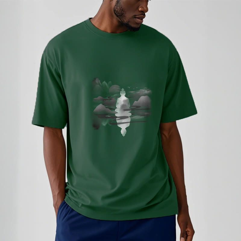 Camiseta de algodón con estampado de Buda sentado en las montañas y Buddha Stones meditando - image 12