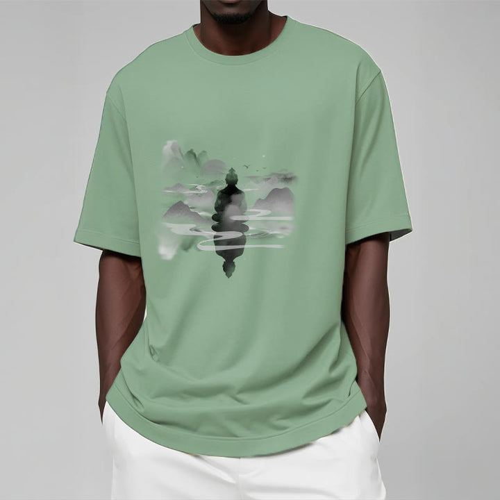 Camiseta de algodón con estampado de Buda sentado en las montañas y Buddha Stones meditando - image 13
