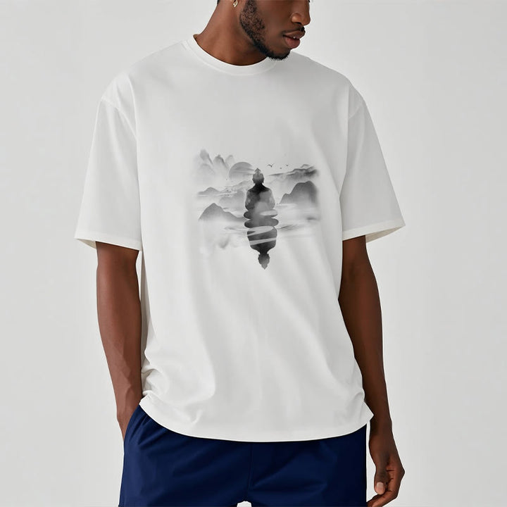 Camiseta de algodón con estampado de Buda sentado en las montañas y Buddha Stones meditando - image 8