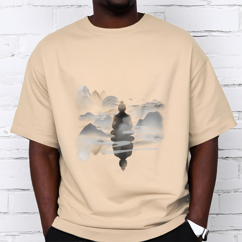 Camiseta de algodón con estampado de Buda sentado en las montañas y Buddha Stones meditando - image 18