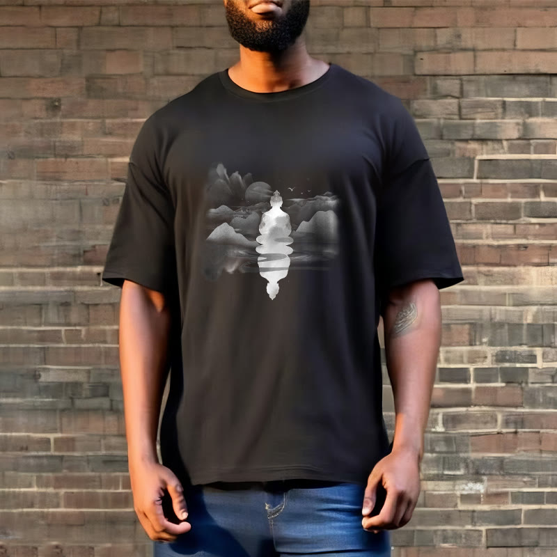 Camiseta de algodón con estampado de Buda sentado en las montañas y Buddha Stones meditando - image 4