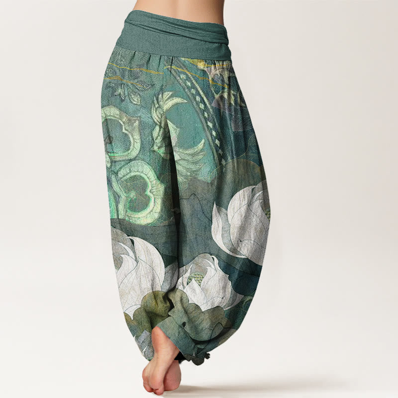 Pantalones bombachos casuales de mujer con cintura elástica, estampado de Buddha Stones en algodón. - image 1