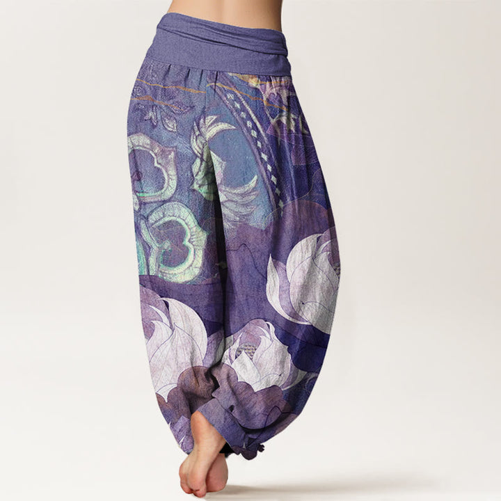 Pantalones harén informales con cintura elástica para mujer con estampado de hojas de loto blanco y Buddha Stones - image 10