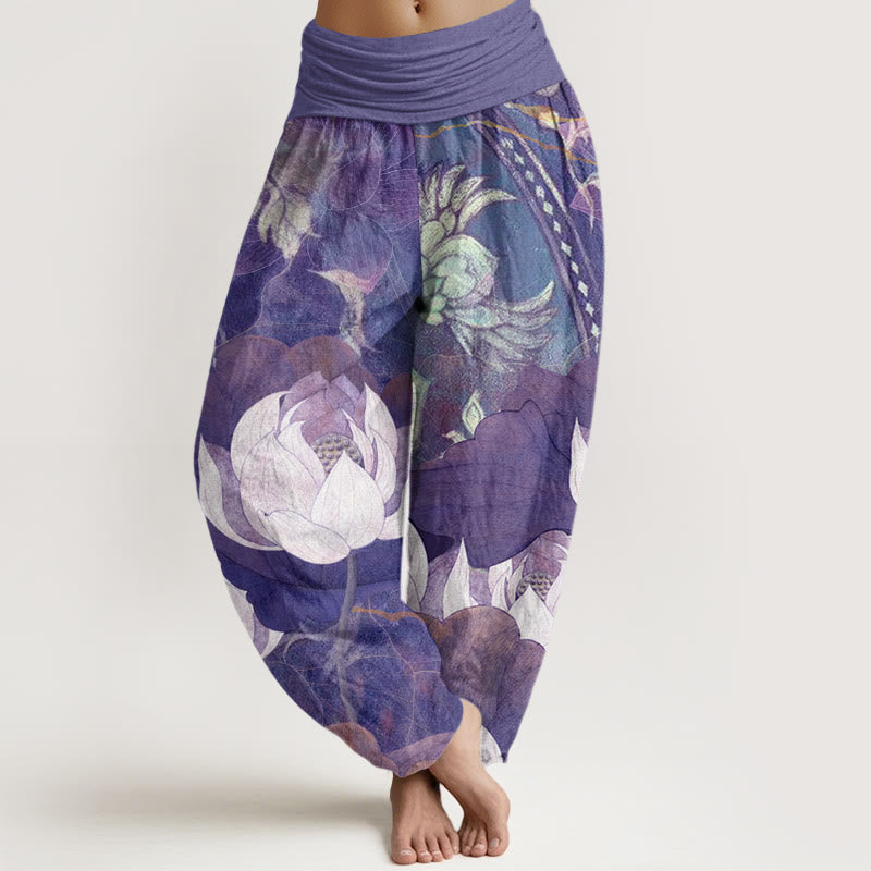 Pantalones bombachos casuales de mujer con cintura elástica, estampado de Buddha Stones en algodón. - Morado medio - US22，UK/AU26，EU54 (6XL) - image 5