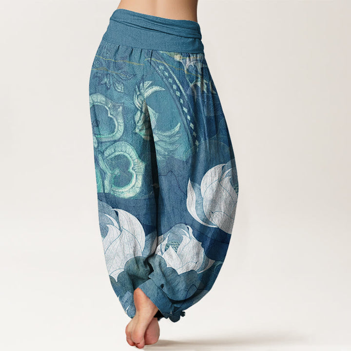 Pantalones harén informales con cintura elástica para mujer con estampado de hojas de loto blanco y Buddha Stones - image 7