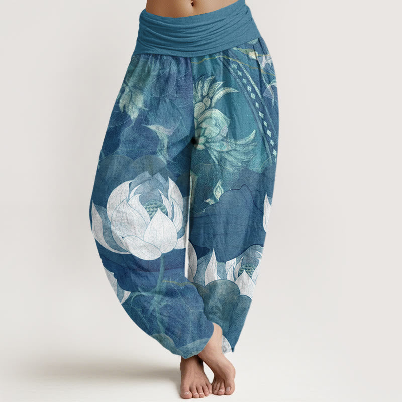 Pantalones harén informales con cintura elástica para mujer con estampado de hojas de loto blanco y Buddha Stones - Azul acero - US22，UK/AU26，EU54 (6XL) - image 5