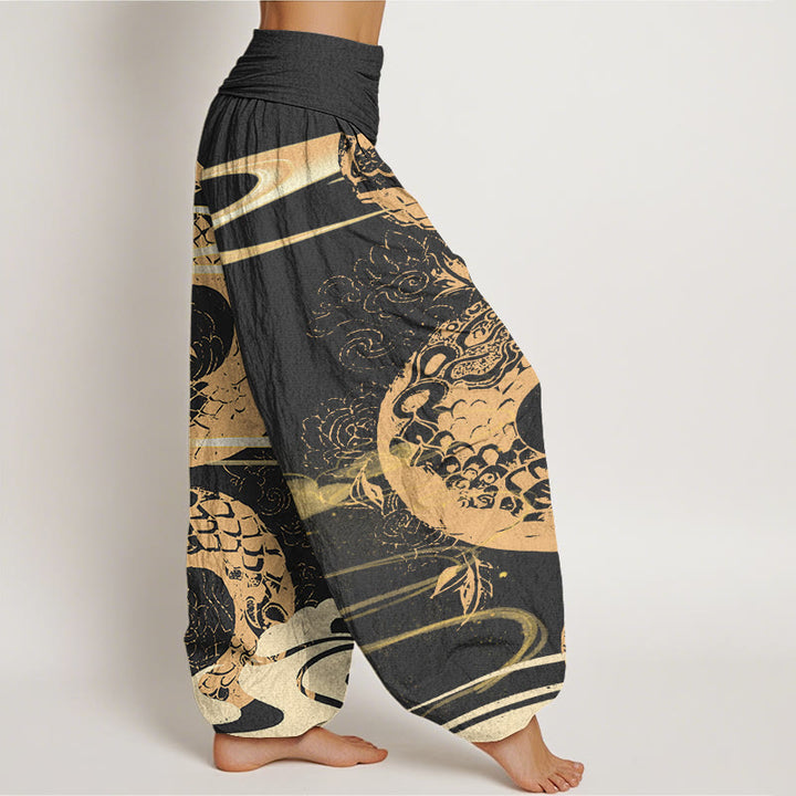 Pantalones harén de cintura elástica para mujer con diseño de serpiente, nubes auspiciosas y Buddha Stones - image 1