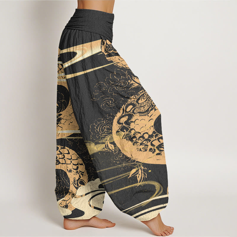 Pantalones bombachos de cintura elástica para mujer con estampado de nubes auspiciosas y serpientes de algodón con Buddha Stones - image 1