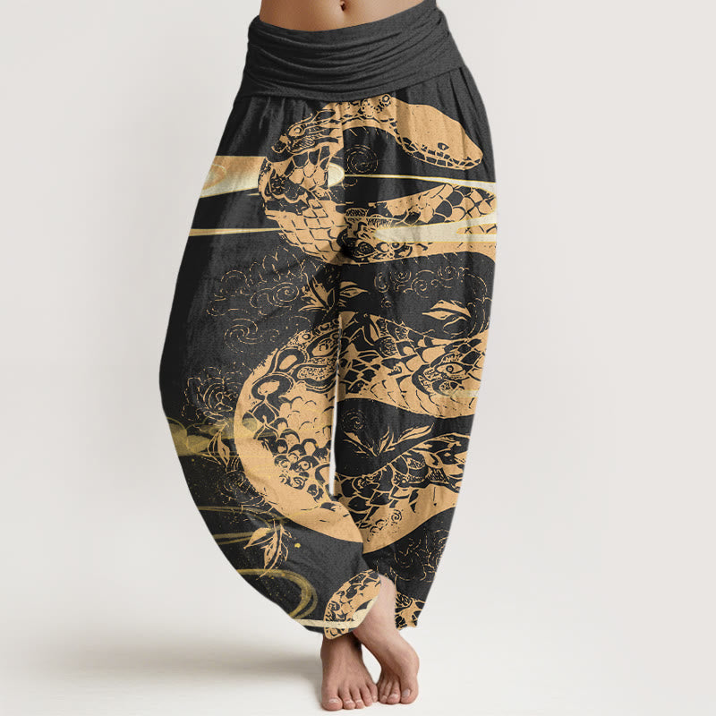 Pantalones bombachos de cintura elástica para mujer con estampado de nubes auspiciosas y serpientes de algodón con Buddha Stones - Negro - US22，UK/AU26，EU54 (6XL) - image 0