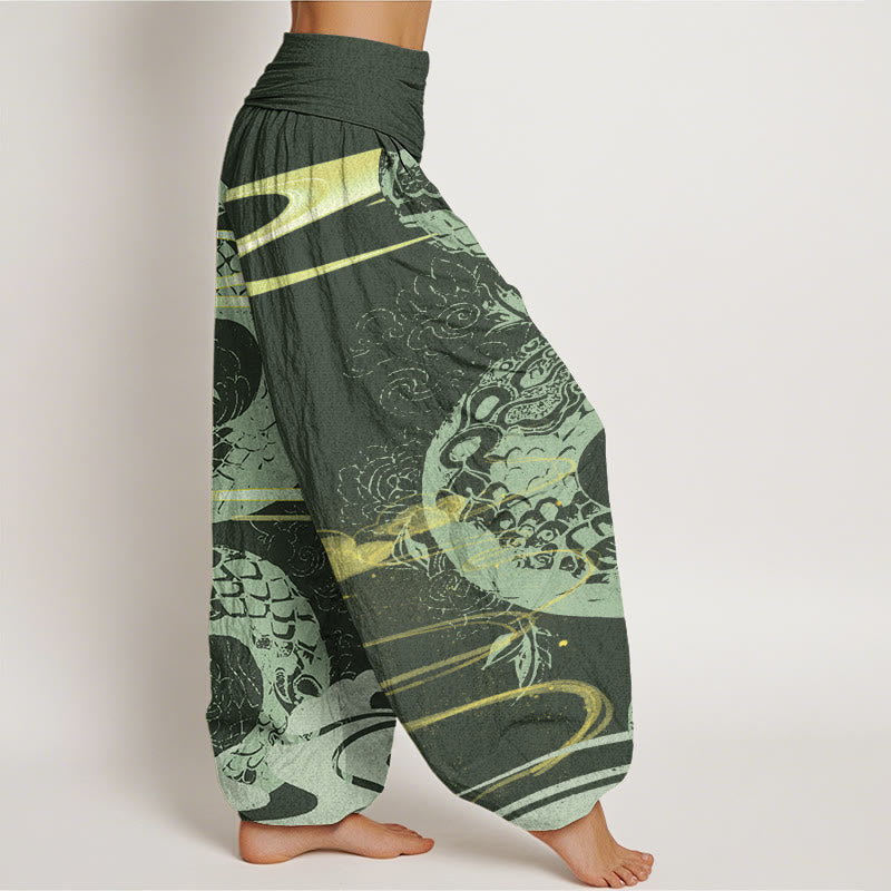 Pantalones harén de cintura elástica para mujer con diseño de serpiente, nubes auspiciosas y Buddha Stones - image 5