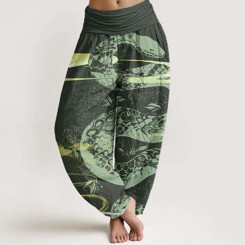 Pantalones bombachos de cintura elástica para mujer con estampado de nubes auspiciosas y serpientes de algodón con Buddha Stones - Verde bosque - US22，UK/AU26，EU54 (6XL) - image 4