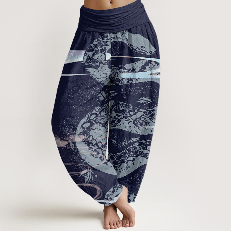 Pantalones harén de cintura elástica para mujer con diseño de serpiente, nubes auspiciosas y Buddha Stones - Azul oscuro - US22，UK/AU26，EU54 (6XL) - image 7