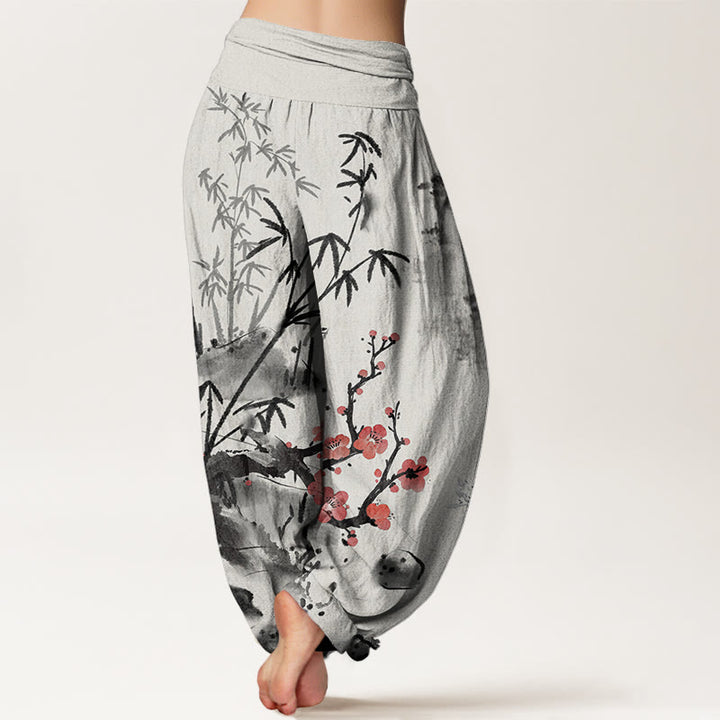 Pantalones bombachos de cintura elástica para mujer con estampado de Buddha Stones, flores de ciruelo, bambú, orquídeas y crisantemos. - image 2