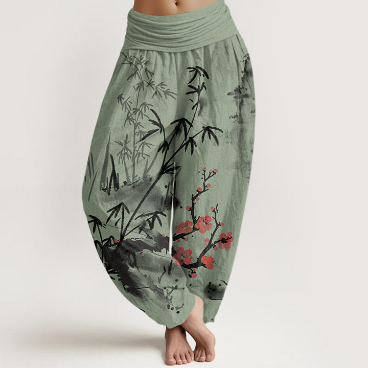 Pantalones bombachos de cintura elástica para mujer con estampado de Buddha Stones, flores de ciruelo, bambú, orquídeas y crisantemos. - Verde claro - US22，UK/AU26，EU54 (6XL) - image 4