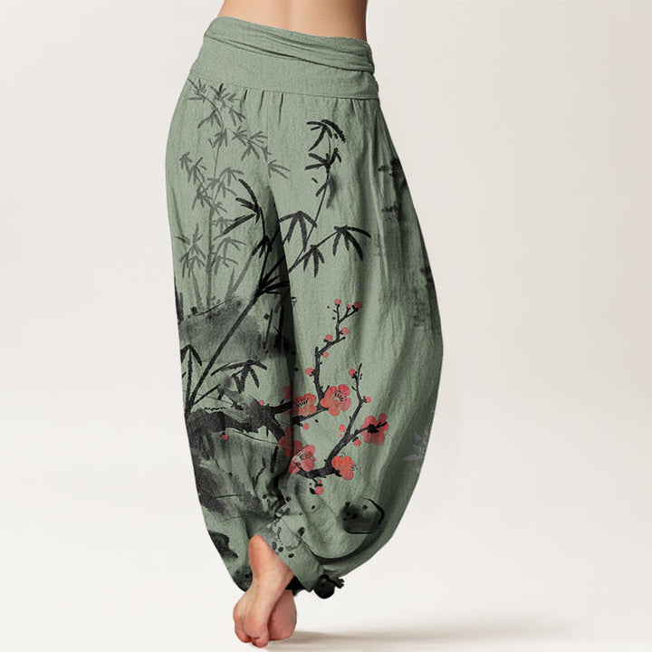 Pantalones bombachos de cintura elástica para mujer con estampado de Buddha Stones, flores de ciruelo, bambú, orquídeas y crisantemos. - image 6