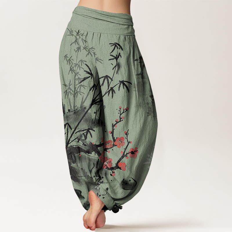 Pantalones bombachos de cintura elástica para mujer con estampado de Buddha Stones, flores de ciruelo, bambú, orquídeas y crisantemos. - image 6