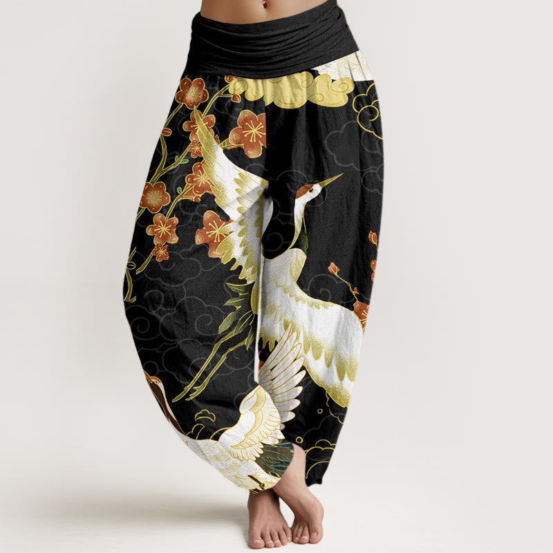 Pantalones bombachos de cintura elástica para mujer con estampado de Buddha Stones, grullas, flores y nubes auspiciosas. - Negro - US22，UK/AU26，EU54 (6XL) - image 0