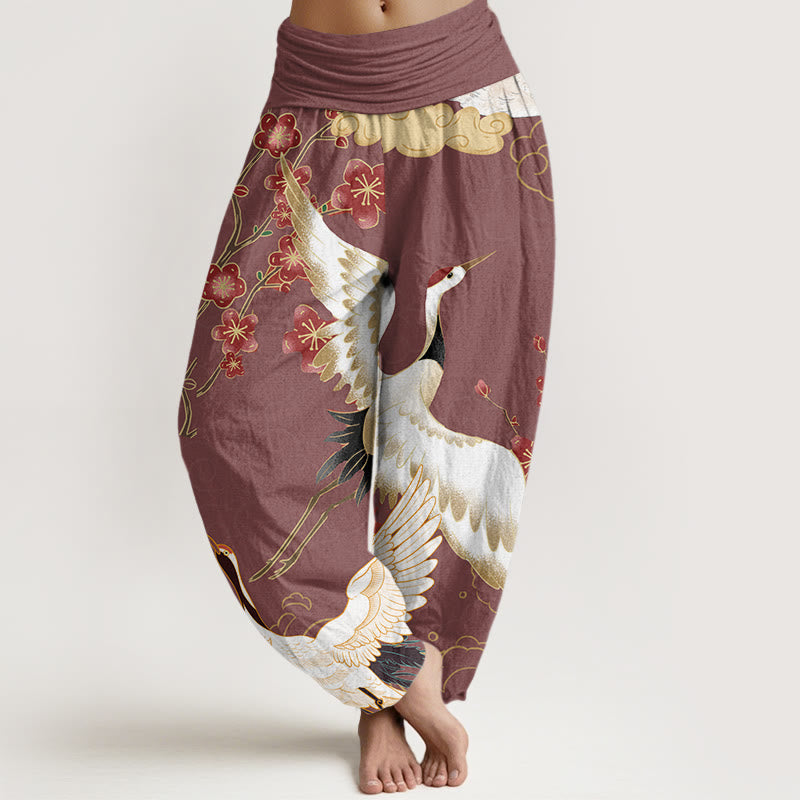 Pantalones bombachos de cintura elástica para mujer con estampado de Buddha Stones, grullas, flores y nubes auspiciosas. - Coral claro - US22，UK/AU26，EU54 (6XL) - image 7