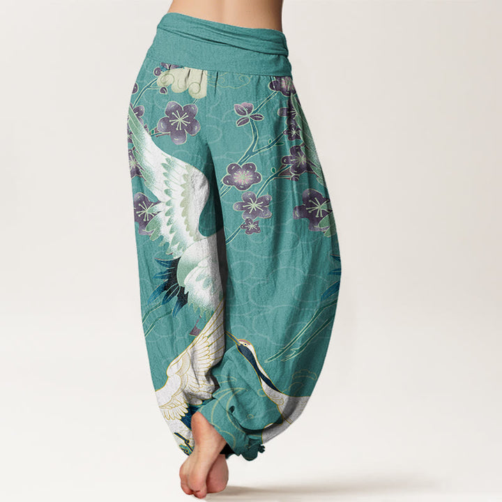 Pantalones bombachos de cintura elástica para mujer con estampado de Buddha Stones, grullas, flores y nubes auspiciosas. - image 6