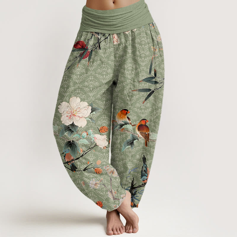 Pantalones bombachos de cintura elástica para mujer con estampado de mandala, flores, ramas y Buddha Stones , currucas y otros motivos florales. - Verde claro - US22，UK/AU26，EU54 (6XL) - image 0