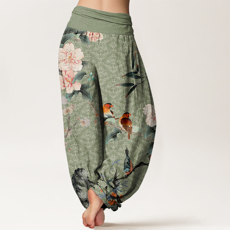 Pantalones harén con cintura elástica para mujer, diseño de mandala, ramas de flores en flor, pájaros, currucas y Buddha Stones - image 2