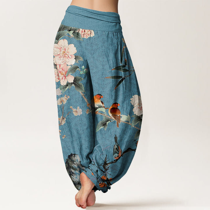 Pantalones harén con cintura elástica para mujer, diseño de mandala, ramas de flores en flor, pájaros, currucas y Buddha Stones - image 6