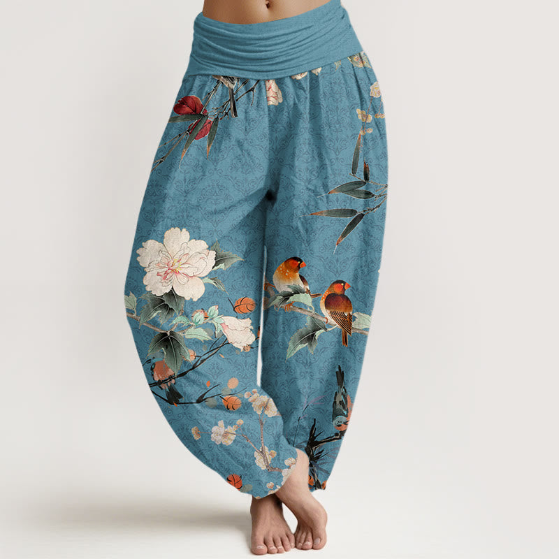 Pantalones harén con cintura elástica para mujer, diseño de mandala, ramas de flores en flor, pájaros, currucas y Buddha Stones - Turquesa oscuro - US22，UK/AU26，EU54 (6XL) - image 4