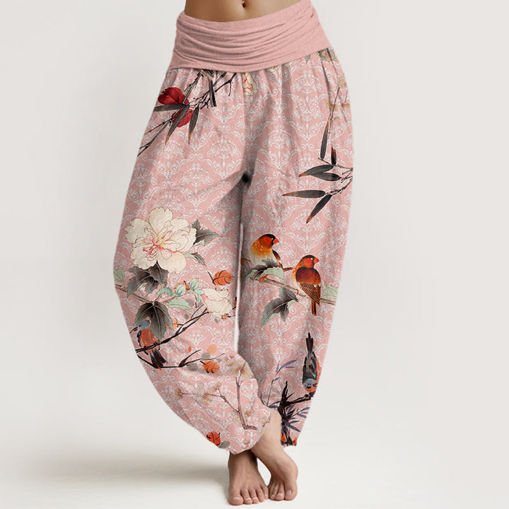 Pantalones harén con cintura elástica para mujer, diseño de mandala, ramas de flores en flor, pájaros, currucas y Buddha Stones - Rosa - US22，UK/AU26，EU54 (6XL) - image 8