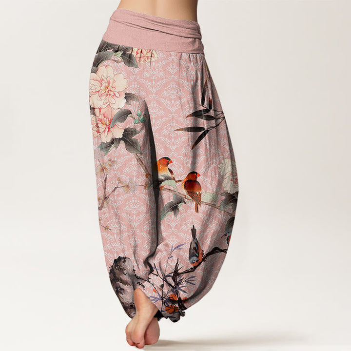 Pantalones harén con cintura elástica para mujer, diseño de mandala, ramas de flores en flor, pájaros, currucas y Buddha Stones - image 10