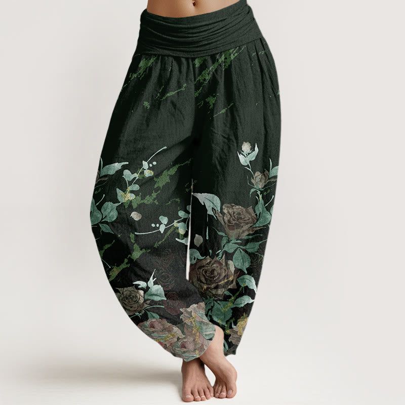 Pantalones harén con cintura elástica para mujer con estampado de rosas en flor y Buddha Stones - Verde oscuro - US22，UK/AU26，EU54 (6XL) - image 8