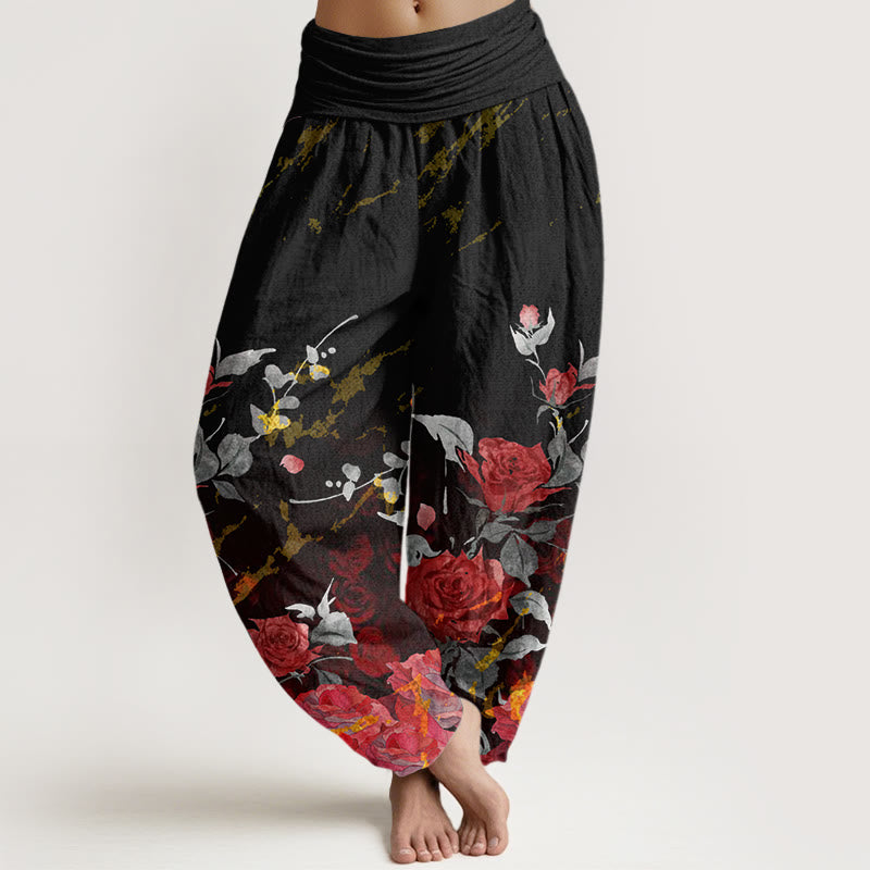 Pantalones bombachos de cintura elástica para mujer con estampado de rosas en flor de algodón y Buddha Stones - Negro - US22，UK/AU26，EU54 (6XL) - image 0