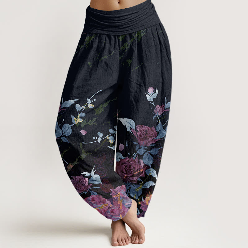 Pantalones harén con cintura elástica para mujer con estampado de rosas en flor y Buddha Stones - Gris pizarra oscuro - US22，UK/AU26，EU54 (6XL) - image 5