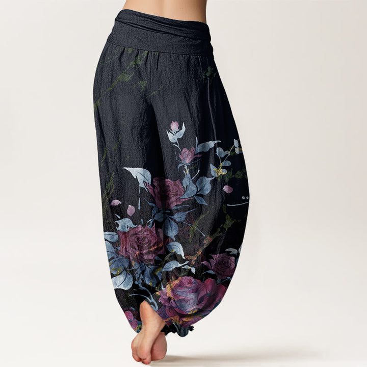 Pantalones bombachos de cintura elástica para mujer con estampado de rosas en flor de algodón y Buddha Stones - image 6