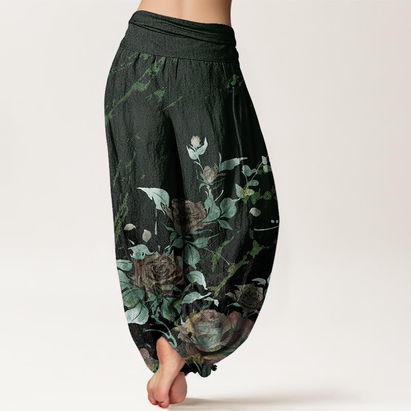 Pantalones harén con cintura elástica para mujer con estampado de rosas en flor y Buddha Stones - image 10