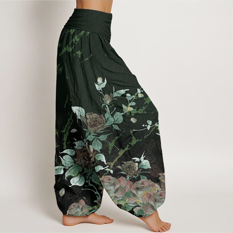 Pantalones bombachos de cintura elástica para mujer con estampado de rosas en flor de algodón y Buddha Stones - image 8