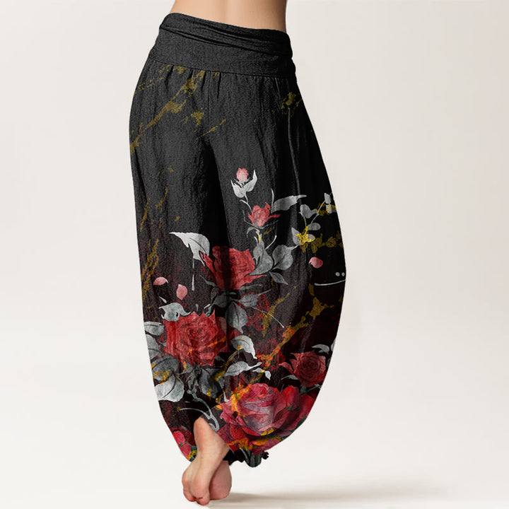 Pantalones harén con cintura elástica para mujer con estampado de rosas en flor y Buddha Stones - image 2